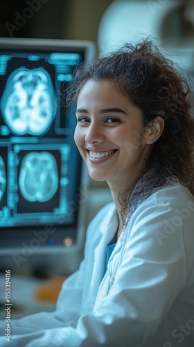 A woman wearing a white lab coat is staring at a CT scan on a computer screen.