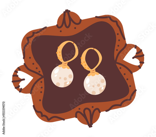 Minimalist vector illustration of bridal earrings featuring pearl and a vintage boho aesthetic. Handcrafted jewelry with gold accents. Flat vector illustration.