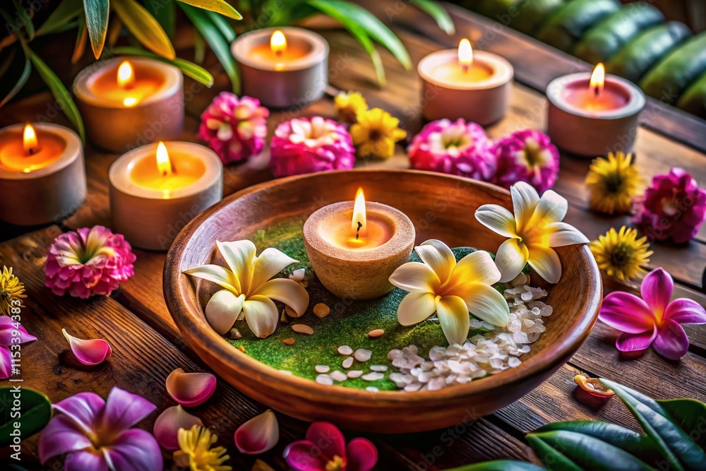 Aerial View of Serene Spa Still Life: Candles, Flowers, Relaxation Decor Aerial View of Serene Spa Still Life: Candles, Flowers, Relaxation Decor