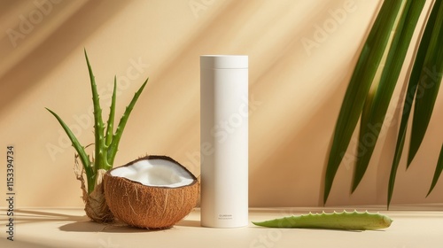 A minimalist beauty setup featuring a white skincare bottle surrounded by coconut and aloe vera. The warm beige tones and soft shadows evoke a natural, fresh, and eco-friendly aesthetic.. AI