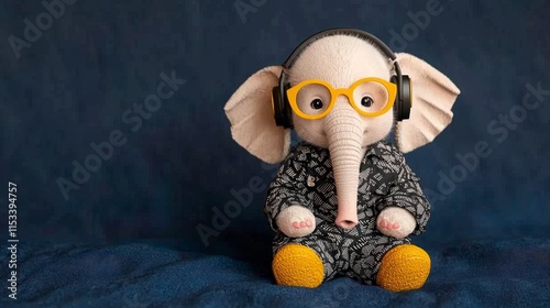 Cute Ninja Elephant in Trendy Outfit  Headphones   Glasses photo