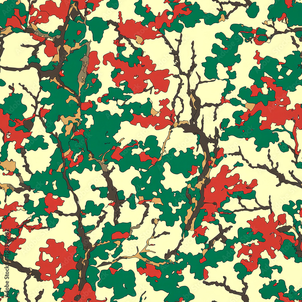 Abstract camouflage pattern with red, green, and beige colors. Abstract camouflage pattern with red, green, and beige colors.