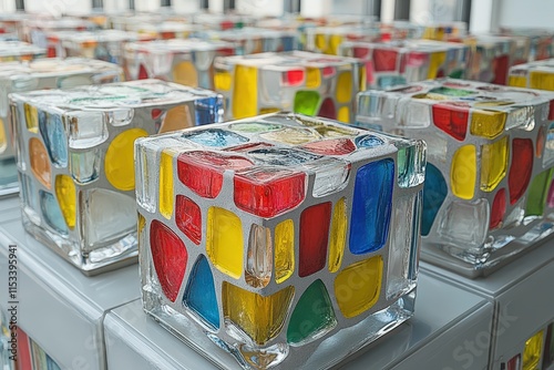 Vibrant glass cubes with colorful patterns, creating an eye-catching display of shapes and hues in a modern setting.