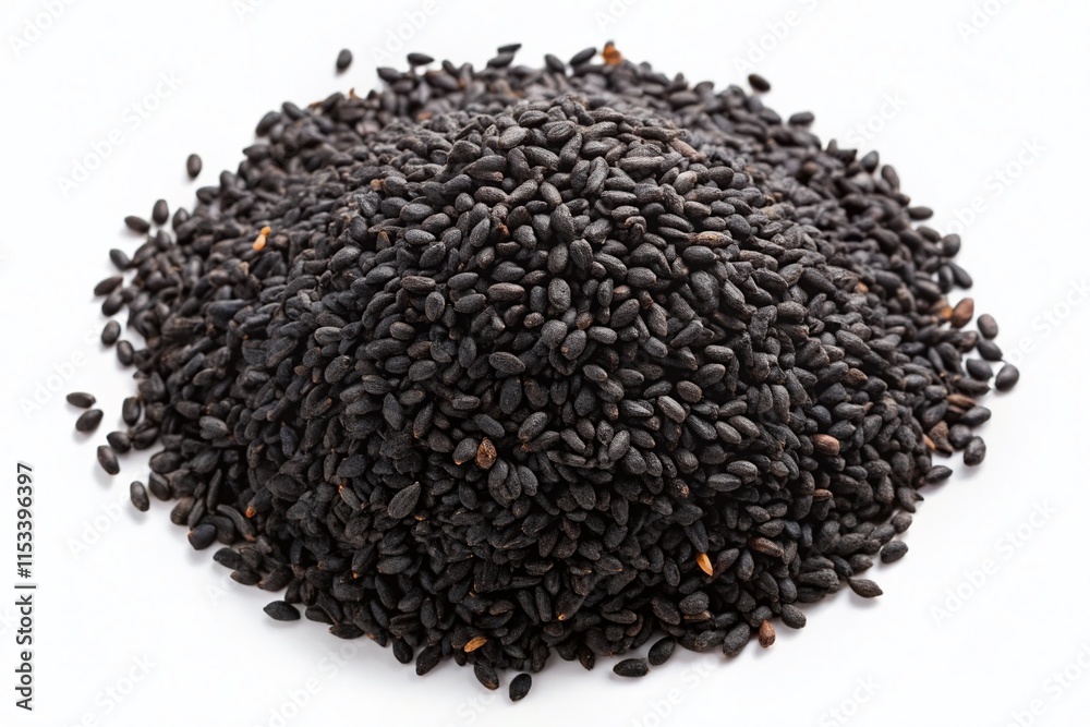Top View Heap of Organic Black Cumin (Kali Jira) Seeds on White Background - Indian Aromatic Spice Top View Heap of Organic Black Cumin (Kali Jira) Seeds on White Background - Indian Aromatic Spice