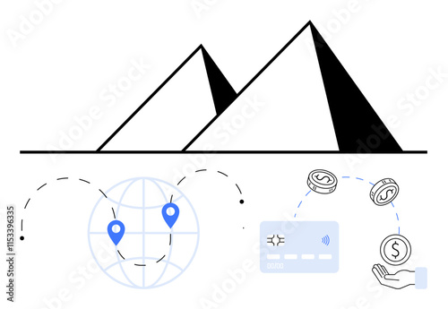 Pyramids with a globe and location markers, credit card, currency exchange, and a hand receiving coins. Ideal for travel, tourism, finance, global business, payment processing currency exchange