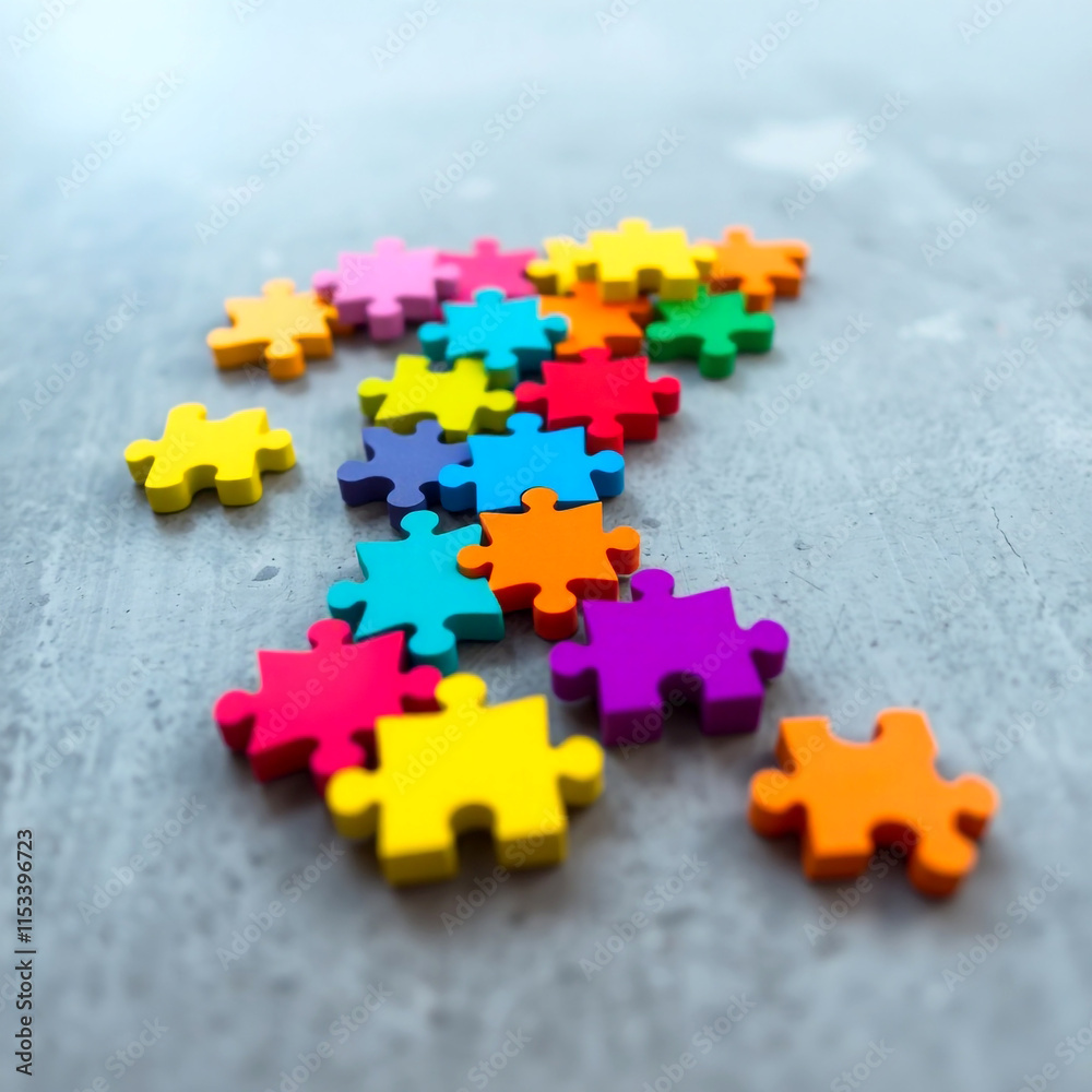 The image shows a collection of colorful puzzle pieces scattered on a gray surface. The puzzle pieces come in various bright colors, including yellow, pink, blue, green, orange, and purple.