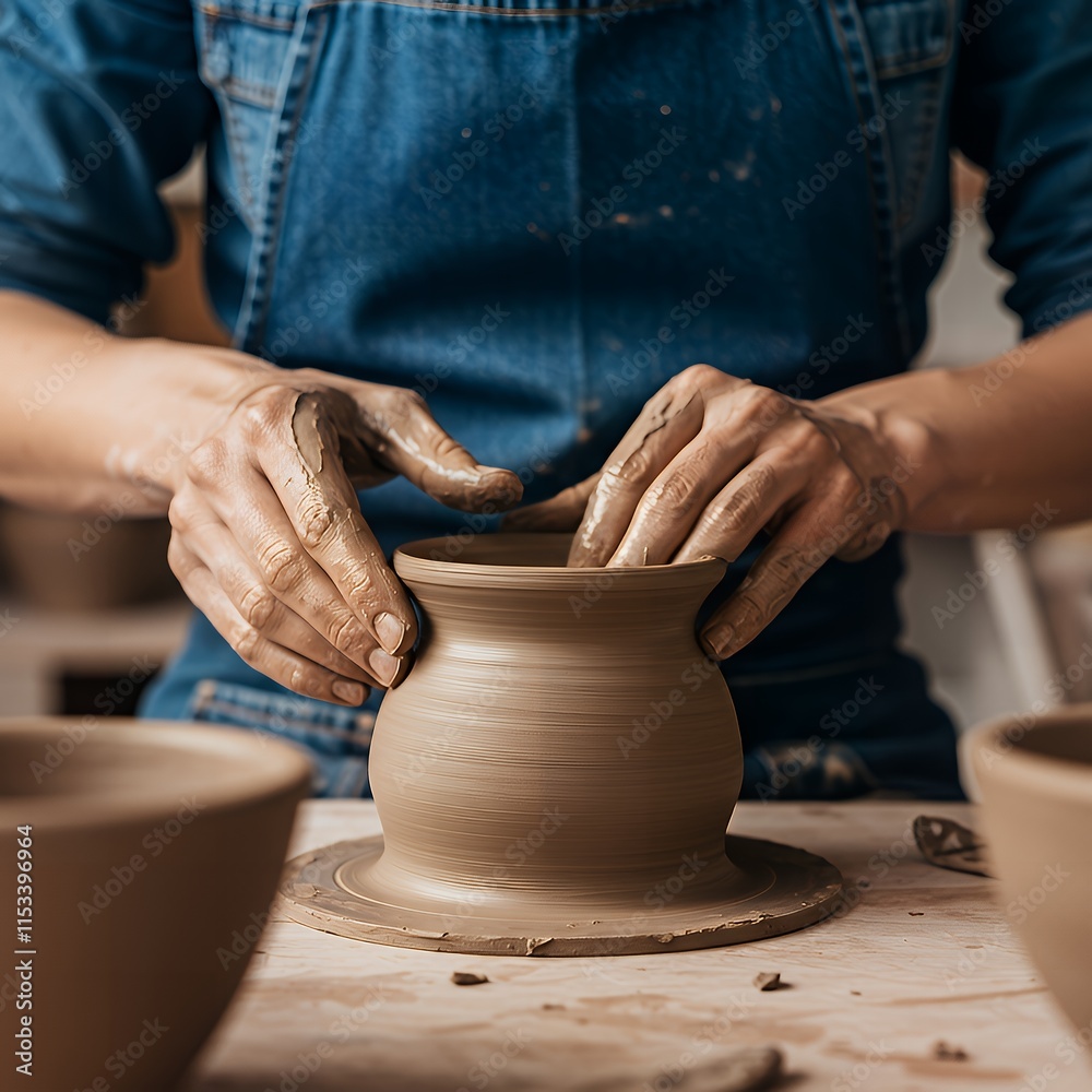 Close-up of hands shaping a clay pot, wearing a denim apron. Warm lighting highlights the texture and craftmanship in a serene workshop.
Close-up of hands shaping a clay pot, wearing a denim apron. Warm lighting highlights the texture and craftmanship in a serene workshop.
