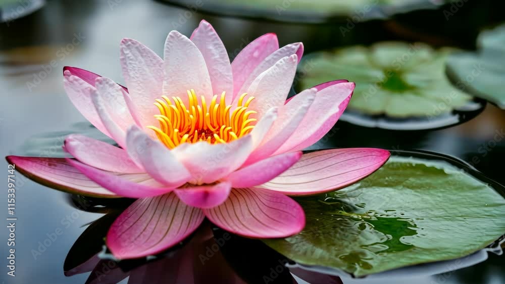 Beautiful pink lotus flower blooms in a tranquil pond surrounded by green leaves Beautiful pink lotus flower blooms in a tranquil pond surrounded by green leaves