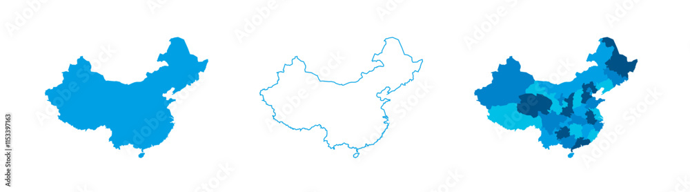 Obraz premium China set of three maps - solid map, outline map and map highlighting administrative divisions. Three distinct maps illustrate various representations of a geographical area.