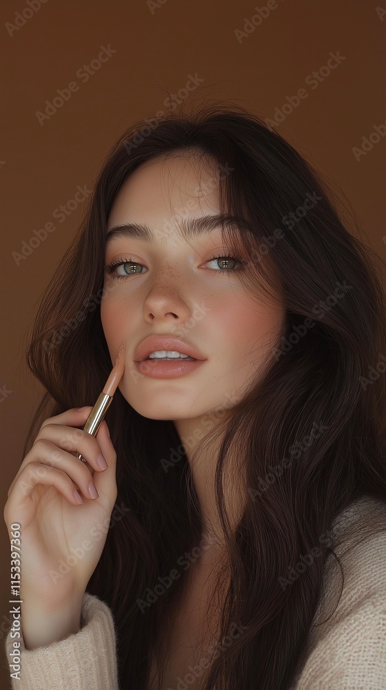A young, lovely woman with a brown backdrop is putting on makeup. A young, lovely woman with a brown backdrop is putting on makeup.