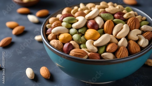 A bowl filled with a variety of nuts including almonds, cashews, walnuts, and pumpkin seeds. The nuts are arranged in a colorful mix against a dark background