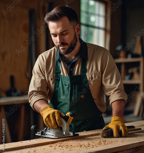 Carpenter in work clothes doing woodwork in carpentry. small buiness owner cut on wood plank with circular saw in workshop Ai generate

