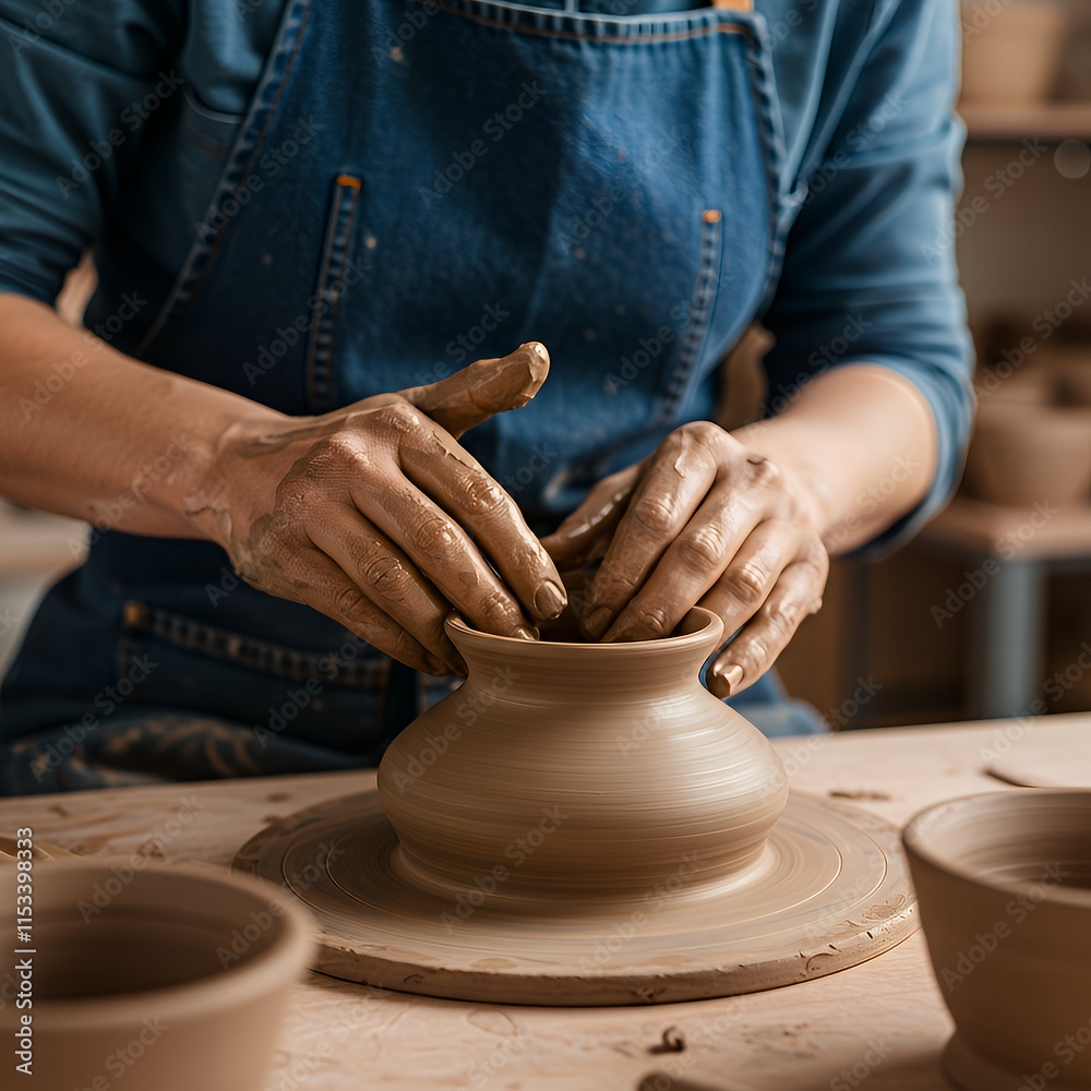 Close-up of hands shaping a clay pot, wearing a denim apron. Warm lighting highlights the texture and craftmanship in a serene workshop.
Close-up of hands shaping a clay pot, wearing a denim apron. Warm lighting highlights the texture and craftmanship in a serene workshop.