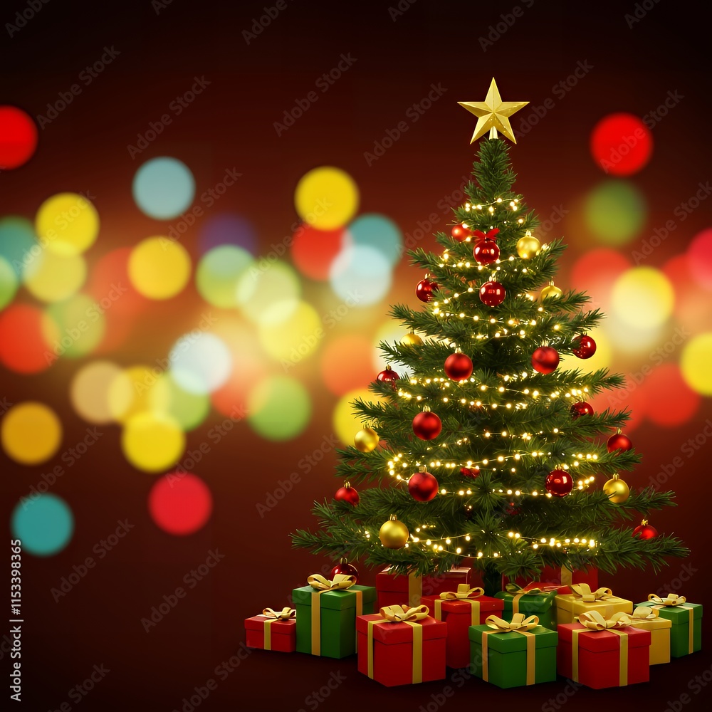 Vibrant Christmas tree decorated with red and gold baubles, surrounded by wrapped gifts. Warm bokeh lights create a festive mood.
Vibrant Christmas tree decorated with red and gold baubles, surrounded by wrapped gifts. Warm bokeh lights create a festive mood.