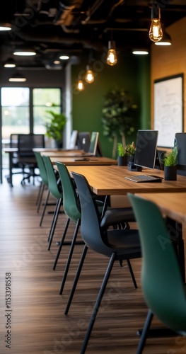 Modern office space with desks, chairs, and greenery.