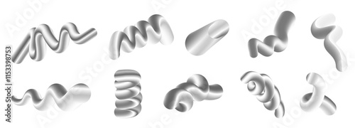 3d chrome metallic twisted liquid lines shapes vector set