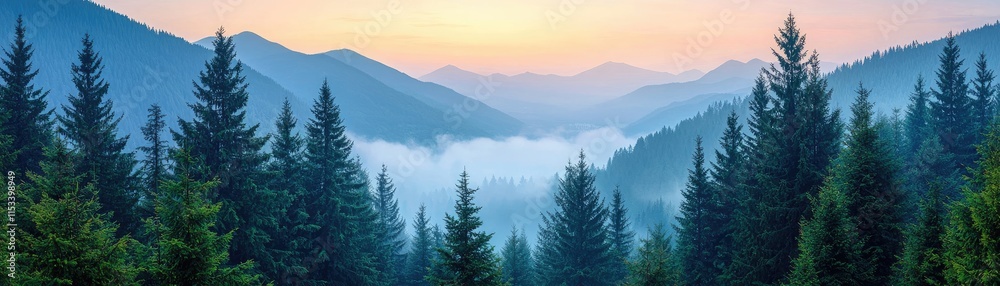 Obraz premium Stunning Sunrise Over Misty Mountain Landscape with Lush Green Pine Forest and Serene Sky