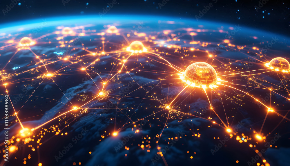 Obraz premium Global Internet Network Connection, Worldwide Communication and Connectivity, Earth with Global Network Overlay