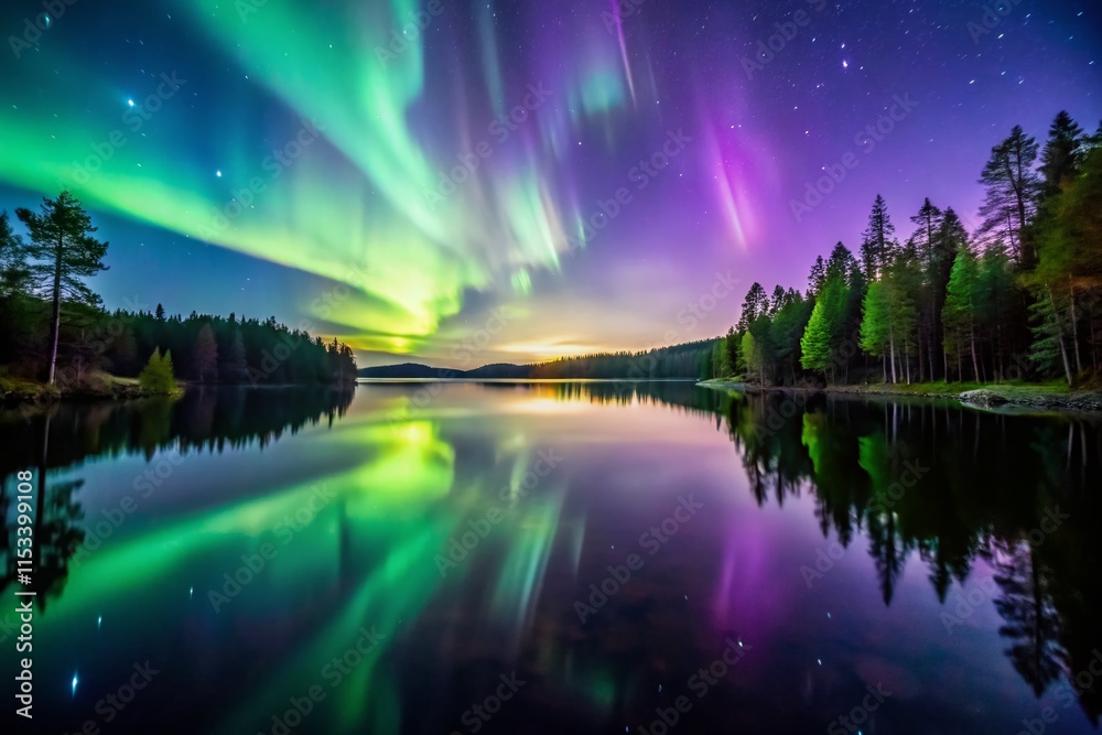 Aurora Borealis Reflecting on Tranquil Lake at Night - Stunning Northern Lights Landscape Photography Aurora Borealis Reflecting on Tranquil Lake at Night - Stunning Northern Lights Landscape Photography