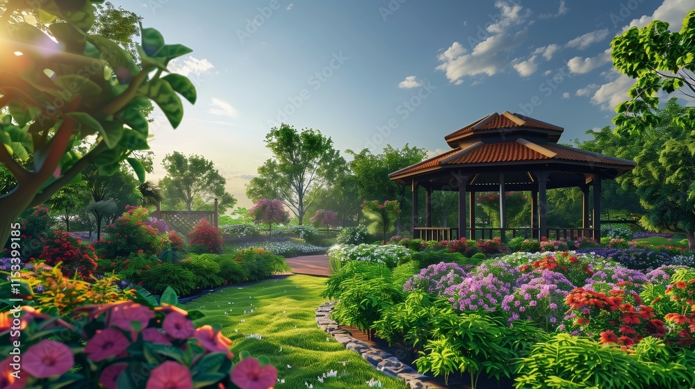 A lush green garden with colorful flowers, a quaint gazebo, and a clear sky A lush green garden with colorful flowers, a quaint gazebo, and a clear sky