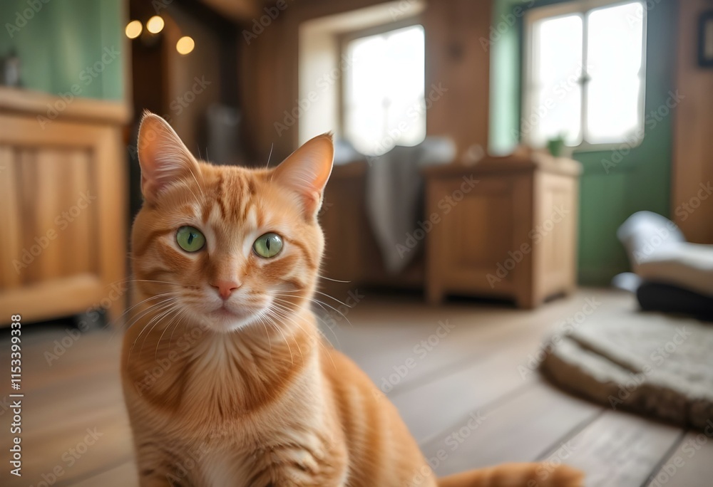 A close-up portrait of a young orange tabby cat with bright green eyes, sitting in a cozy rustic interior with a blurred background A close-up portrait of a young orange tabby cat with bright green eyes, sitting in a cozy rustic interior with a blurred background