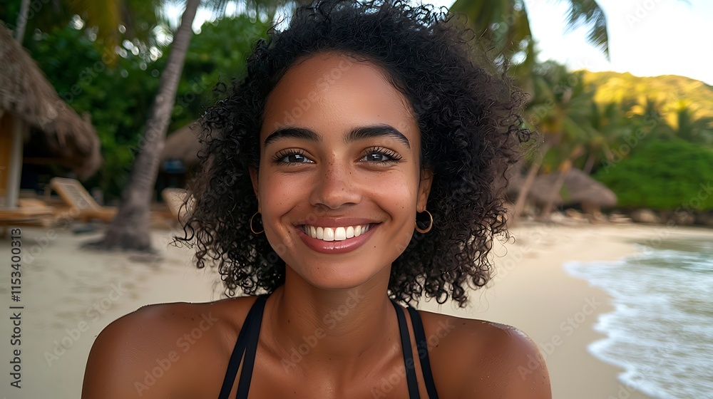 Happy Woman Smiling on Tropical Beach Vacation Happy Woman Smiling on Tropical Beach Vacation