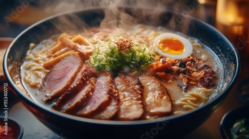 Steaming Bowl Of Delicious Ramen Noodles With Pork