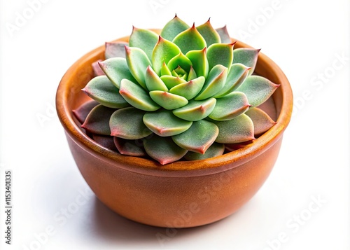 A miniature Echeveria Setosa Deminuta, potted and photographed closely against a stark white background. photo