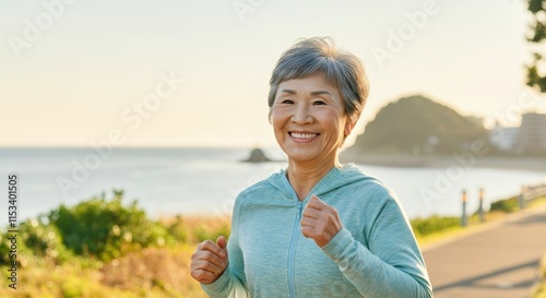 Energetic elderly asian female enjoying a morning jog by the beach with natural scenery photo