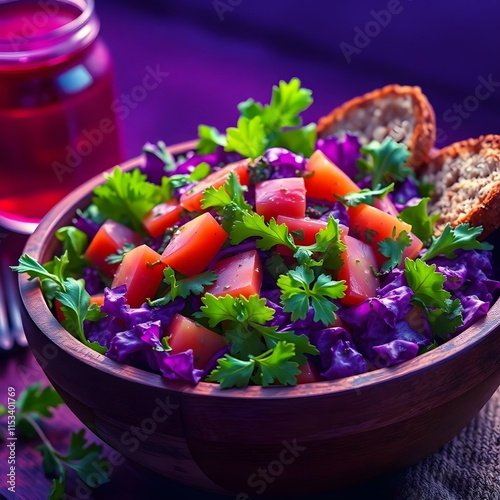 Purple Hued Salad Bowl: A Close-Up of a Fresh Salad with Red Cabbage and Tomatoes, Served with Bread and a Vibrant Drink, Showcasing a Healthy and Colorful Meal photo