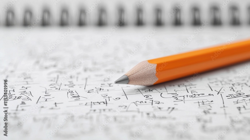 Writing practice with orange pencil on notebook home office creative content indoor close-up focus on productivity Writing practice with orange pencil on notebook home office creative content indoor close-up focus on productivity