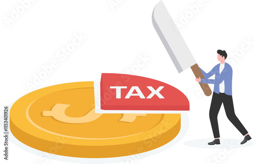 Businessman with tax ratio deduction from business income in dollar gold coin. Tax and vat expense concept.
