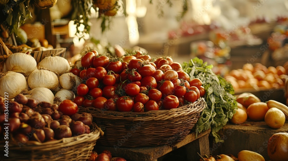 Vibrant Market Basket Displaying Fresh Tomatoes and Onions Vibrant Market Basket Displaying Fresh Tomatoes and Onions
