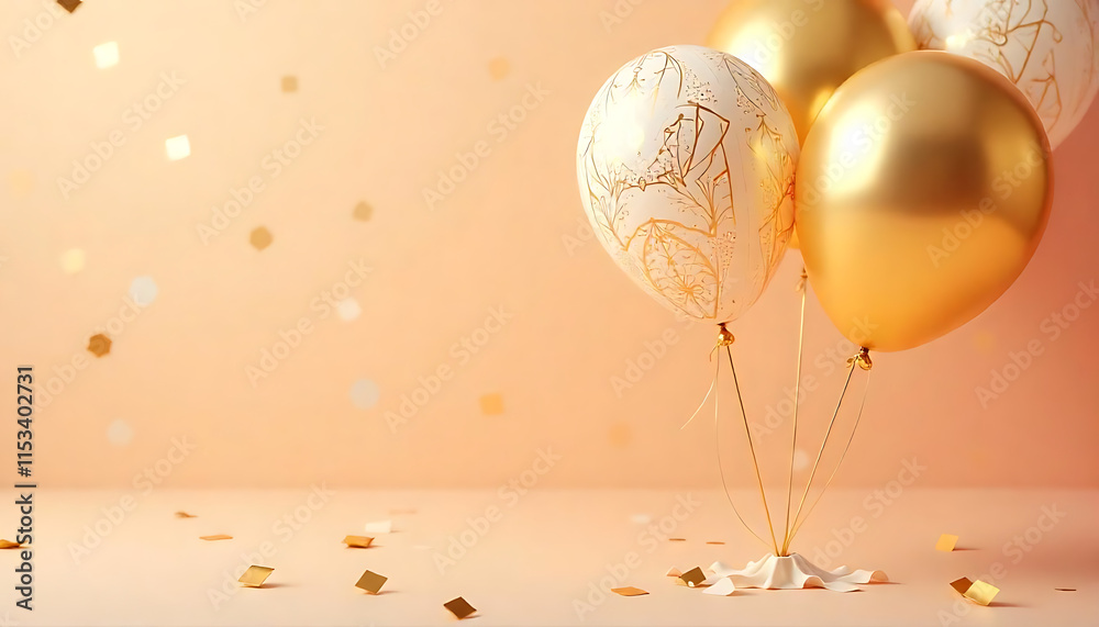 Obraz premium Happy New Year 2025, Realistic gold and white balloons on a light background, Banner template for 2025 header websites, 2025 celebration template created with generative ai