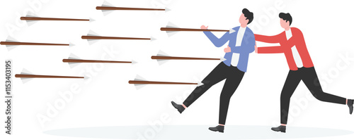 The businessman was pushed by the huge hand to the front to resist the arrow

