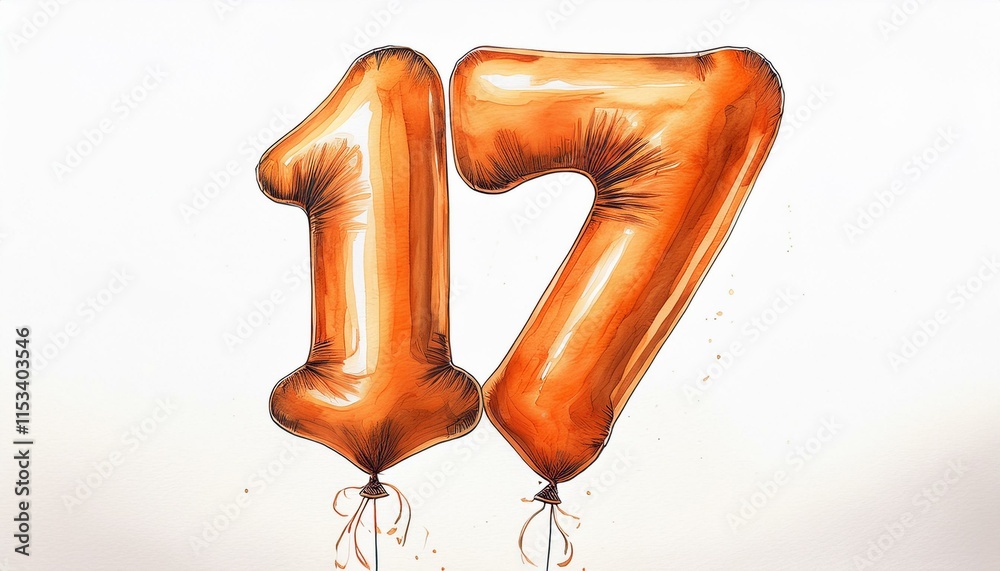 Naklejka premium Orange birthday / anniversary balloon, number 17, watercolor painting with white background