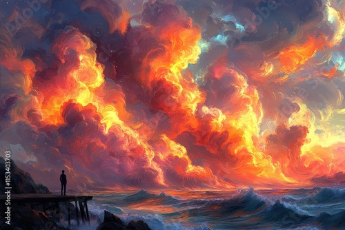 A solitary figure gazes at a vibrant sunset over the ocean, with swirling clouds in shades of orange, pink, and purple lighting up the sky.