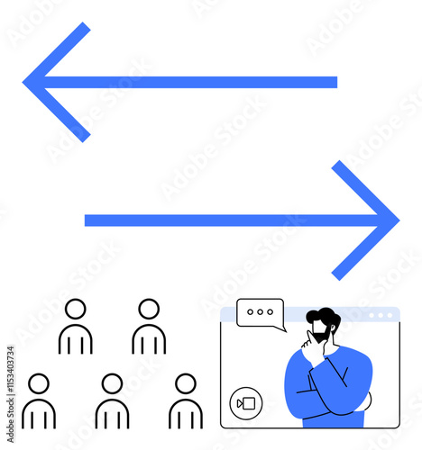 Two blue arrows in opposite directions, a group of six people, and an individual thinking beside a video chat window. Ideal for communication, teamwork, decision-making, strategy, consultation