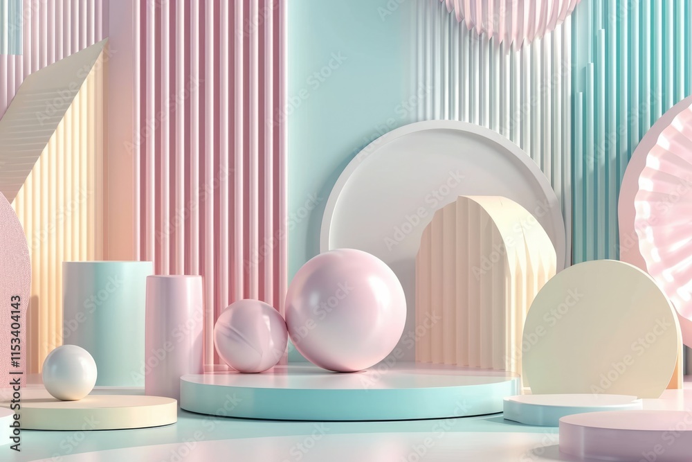 Fototapeta premium Pastel Geometric Wonderland: 3D Rendered Abstract Background Featuring Lovely Pastel Colors and Geometric Shapes