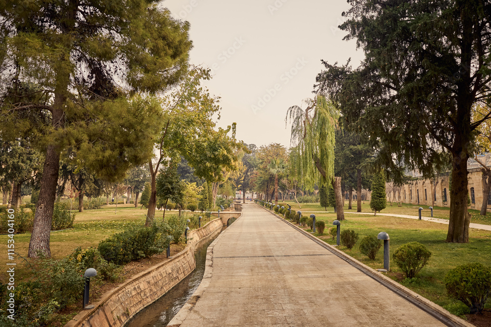 Public park in Dergah mosque complex in Sanliurfa city, Turkey Public park in Dergah mosque complex in Sanliurfa city, Turkey