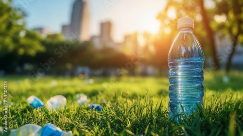 Littered Plastic Bottles in Urban Park at Midday photo