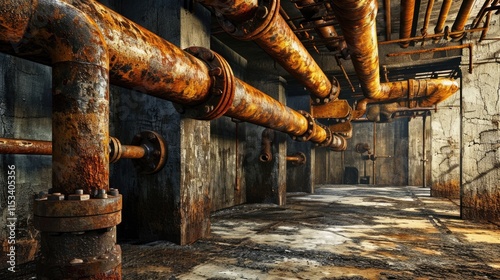 Rustic Industrial Basement: 3D Rendering of Grungy Vintage Room with Rust Pipes photo