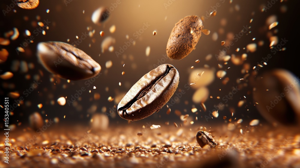 Close-Up of Flying Coffee Beans with Warm Golden Lighting Close-Up of Flying Coffee Beans with Warm Golden Lighting