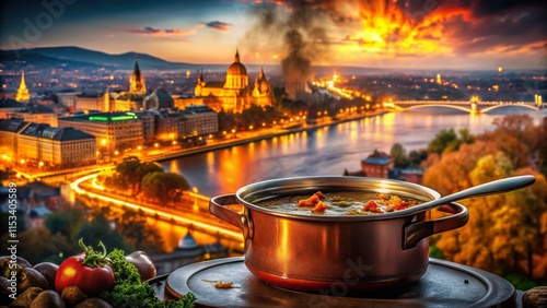 Budapest Cityscape Dusk: Delicious Hungarian Goulash with Scenic View