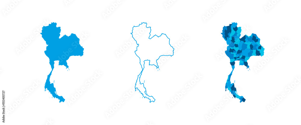 Obraz premium Thailand set of three maps - solid map, outline map and map highlighting administrative divisions. Three distinct maps illustrate various representations of a geographical area.