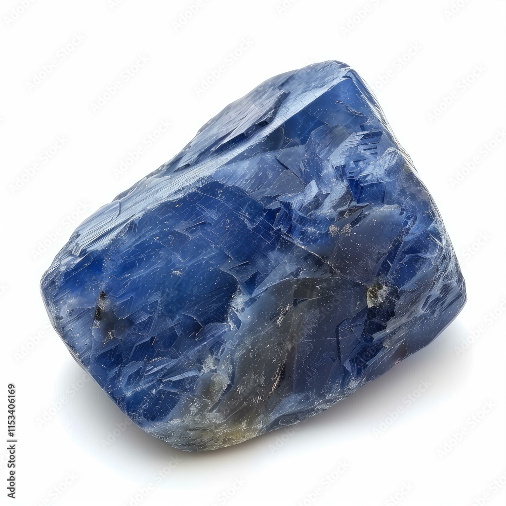 Fototapeta premium Large blue raw uncut sapphire gemstone resting on a bright white background, displaying its natural beauty and brilliance