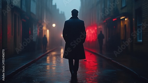 Man in coat walking away in foggy city street at night.