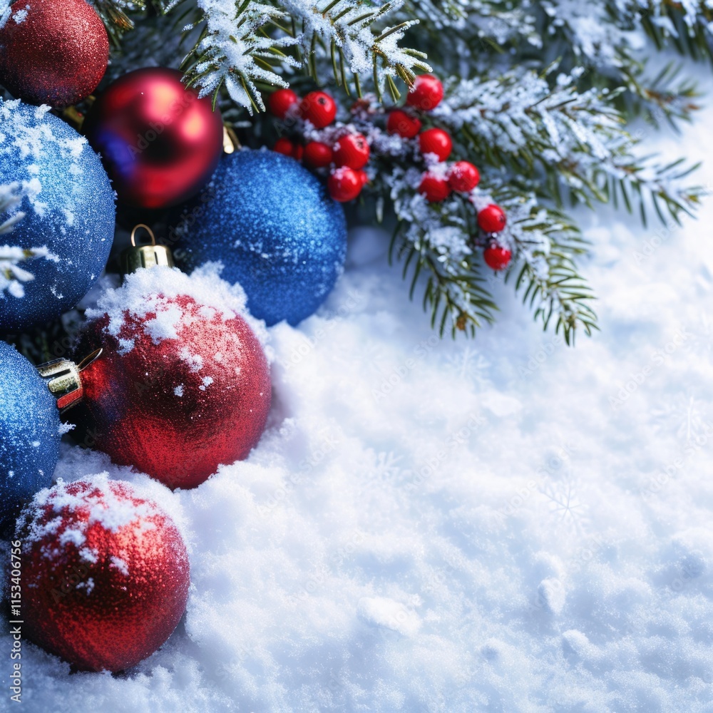 Obraz premium Snowy Christmas Celebration: Festive Blue and Red Background with Copy Space