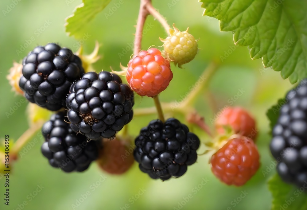 Ripe blackberries growing on a vine with green leaves in the background Ripe blackberries growing on a vine with green leaves in the background