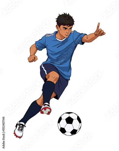 Young man Soccer player kicks ball with his foot. Football player with ball in action. Cartoon isolated vector illustration on transparent background. Guy playing sport game. Professional sportsman